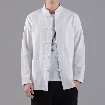 Men Chinese Tang Suit Top Cotton Linen Long Sleeve Shirt Kung Fu Tai Chi Casual • £22.57