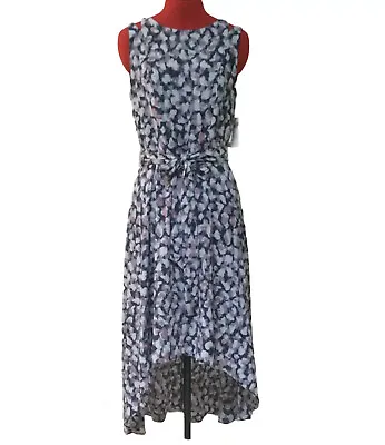 H HALSTON Wabi Sabi Multi Petals Print Hi Low Hem Belt Midi Dress Sz 8 $139 NWT • $39.85