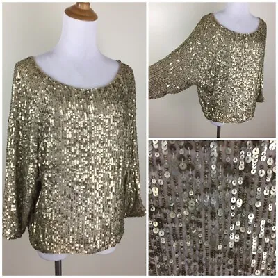 VINCE Womens Sz Small Beige Gold/Bronze Sequin Embellished Dolman Sleeve Shirt • $55.20