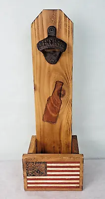 Rustic Wall Mounted Vintage Wooden Beer Bottle Opener With Cap Catcher • $12