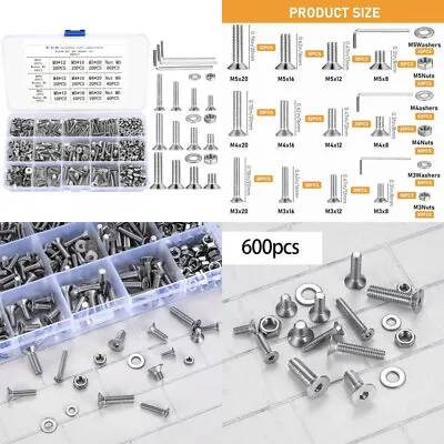 Countersunk Head Bolts And Nuts Washers Set 600 Pcs M3 M4 M5 M3 M4  • £15.48