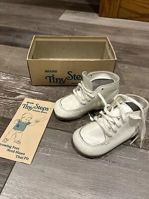 Vintage Shoes Sears Tiny Steps Pair White Infant Toddler W Box Paper USA Tie • $5.99