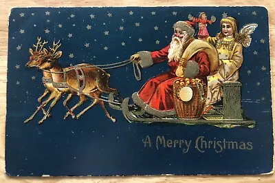 Santa Sled Reindeer Angel Red Robe Christmas Embossed Vintage Postcard HH97 • $15