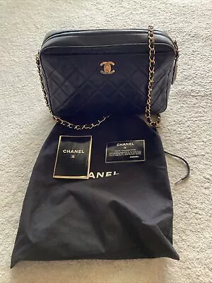 Chanel Vintage Front  CC Lock Quilted Camera Bag Lambskin Black Medium Size • $1260