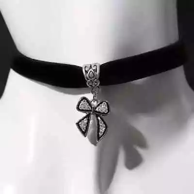 Cute Elegant Black Velvet Choker Necklace With Silver Black Rhinestone Bow • $8.99