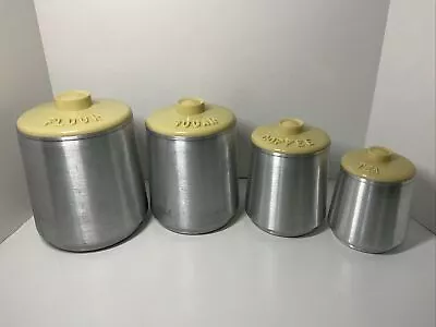 Vintage Kromex Aluminum Canisters Set 4 Yellow Lids Nesting Kitchen Canisters • $124.99