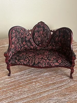 Vintage Miniature Dollhouse Sofa Victorian Hand Carved Wood Upholstered Couch • $24.99