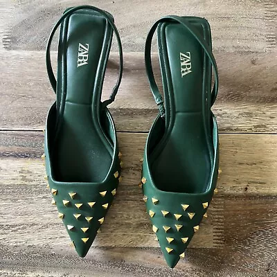 Zara Slingback Heels Green With Gold Studs Size 7.5 Women (38) Worn Once. • $9.99