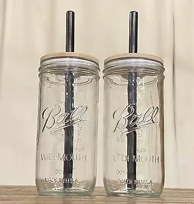 Ball Boba Drinking Glass Mason Jars 24oz Wide Mouth Bamboo Lid Straw Made In USA • $45