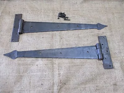 2 LARGE Strap T Hinges 15  Tee Hand Forged In Fire Barn Rustic Medieval Iron  • $42.99