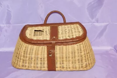 Vintage Leather & Wicker Fishing Creel Basket Made In British Hong Kong • $29.55