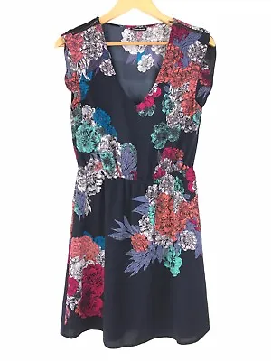 Warehouse Tea Dress Navy Blue Floral Multi Summer Shoulder Zips Detail UK 12 40 • £9.49