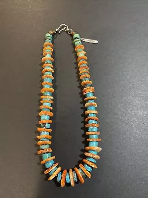 Vtg Native American Sterling Silver Graduated Turquoise Spiny Oyster Necklace • $285