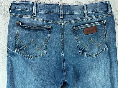 Wrangler Retro Jeans Mens 38x34 Slim Bootcut Blue Jeans Western Denim Destroyed • $16.90