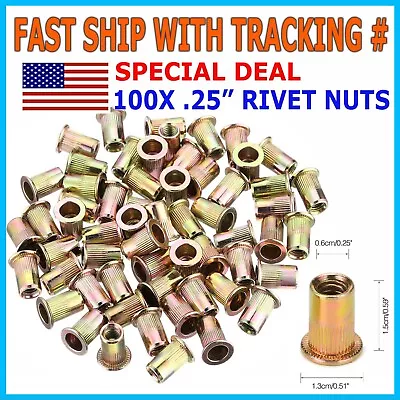 100 Pcs RIVET NUT Flat Head Threaded Insert 1/4-20 UNC Carbon Steel Nutsert SAE • $6.49