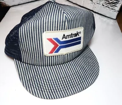 Amtrak Mesh Hickory Stripe Railroad TRUCKER Hat - Snapback Baseball Cap Vtg USA • $9.89