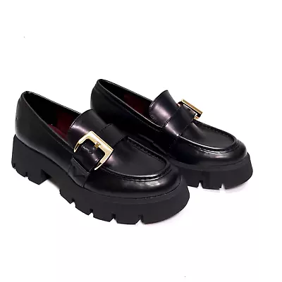 $67.73 • Buy Zara Track Loafer 39 8 US Chunky Platform Heel Leather Buckle Black Y2K Style