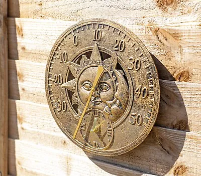 £19.99 • Buy Vintage Sun And Moon Wall Clock Thermometer Garden Weather Station Outdoor