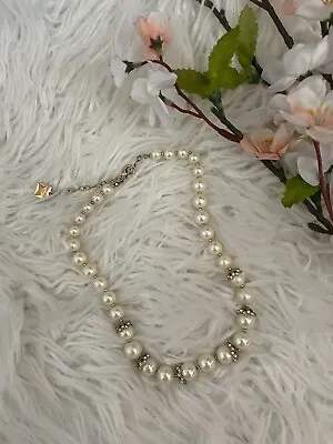 Vintage 90s Anne Klein Faux Pearl Rhinestone Adjustable Choker Necklace • $16