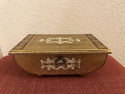 Vintage Wooden Keepsake Jewelry Music Painted Box Gold Trim Carved Wood • $29.99