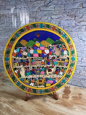 Mexican Folk Art Hand Painted 12  Bowl Plate Pottery Village Gathering Scene • $27.60