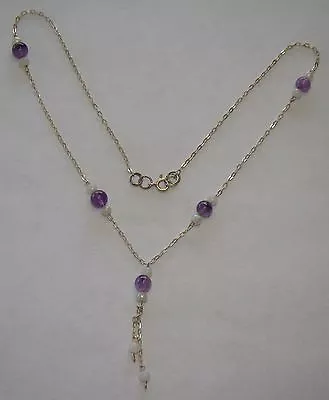 Sterling Silver 16 3/4  Link Necklace W/ Purple & White Beads 3.84 Grams -#Q067 • $7.49