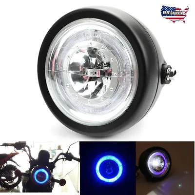 Motorcycle Blue Angel Eye Halo Ring LED 6 1/2  Headlight Black For Harley Bobber • $34.49