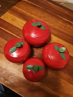 $10 • Buy Mid-Century Kitchen Canister Cookie Jar Red Enamel Aluminum Apple, Set Of 4 Pc