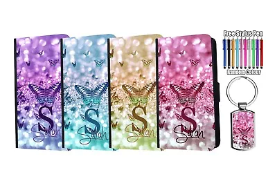 PERSONALISED Name Glitter Butterfly Print Leather Wallet Case Phone + Keyring • $19.79