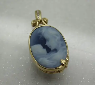 Signed 14k Yellow Gold & DIAMOND MOTHER & CHILD BLUE CAMEO PENDANT FANCY BEZEL • $549.95