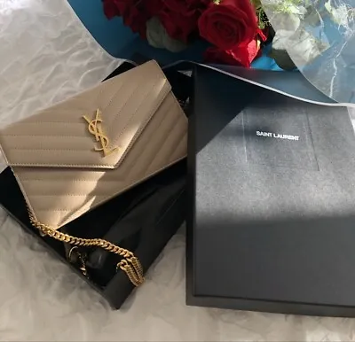 Saint Laurent Envelope Monogram Wallet On Chain Bag Dark Beige • £800