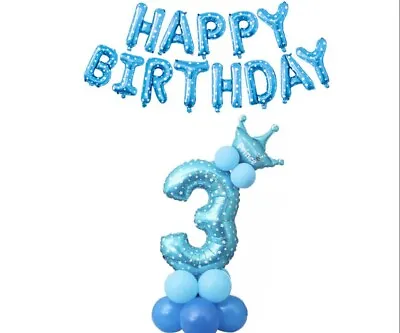 3rd Birthday Boys Balloon Stand Blue Party Decorations Age 3 Kids With Banner • £4.79