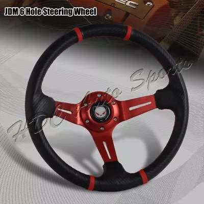 350MM Deep Dish Drift Style Red Stitch Carbon PVC Leather 6 Hole Steering Wheel • $41.99