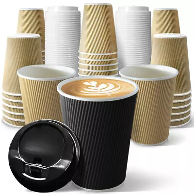 100 Disposable Cup 8oz 12oz 16oz Ripple Coffee Cup Hot Drink Paper Cups With Lid • £16.70