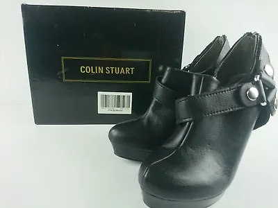 Colin Stuart Women 8.5 Black Leather Heel Booties Harness Zip Career Classy Shoe • $17.84