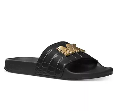 Women Michael Kors MK Gilmore Slide Sandals PU Black Big MK Golden Tone Logo • $59.99