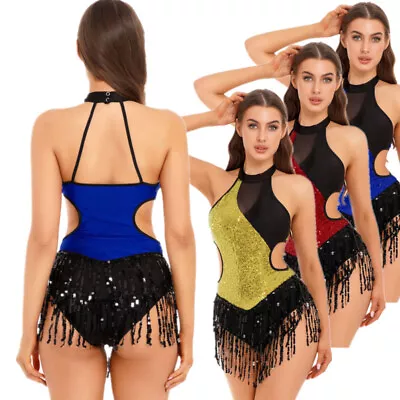 UK Womens Sequins Latin Cha-Cha Samba Ballroom Dancewear Leotard Tassel Dress • £16.46