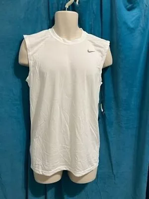 NIKE Tee Dri-Fit 727981 White Athletic Cut White Sleeveless Free Shipping • $12