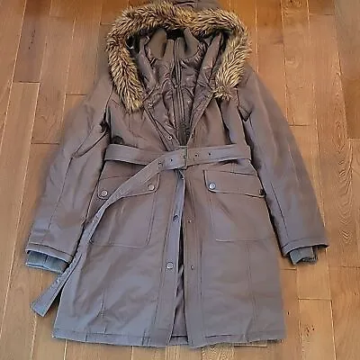 Nicole Miller Belted Puffer Coat Hooded Faux Fur Medium • $25