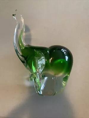 Vintage MURANO Art Glass 8.5  Elephant ~ Clear Crystal & Emerald Green Trunk Up • $20