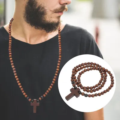 Wooden Cross Beaded Chain Necklace For Men - Trendy Rosary Necklace • £4.85