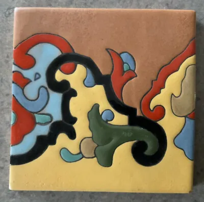 CALIFORNIA POTTERY :: Vintage 6” Sq TILE “Moorish” DESIGN Enamel LOS ANGELES USA • $59.99