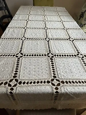 Vintage Handmade Crochet Lace Cotton Tablecloth Rectangle 63  X 100  • $155
