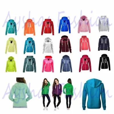 Ladies Womens Plain Zip Up Hoodie Sweatshirt Fleece Jacket Hooded Top UK 8 To 22 • £13.89