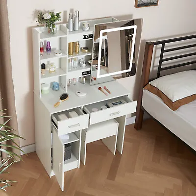 Makeup Dressing Table W/ Stool 2 Drawers Sliding Mirror Hollywood Vanity Set • £146.76