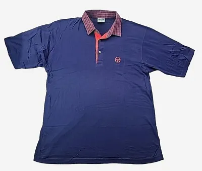 Vintage Sergio Tacchini Men's L (46) Navy Golf Polo Shirt Plaid Collar Stretch • $20.43