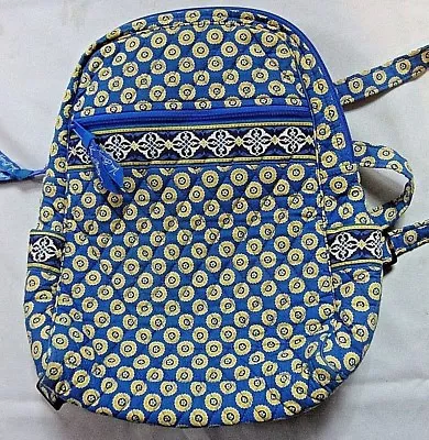 Vera Bradley Riviera Blue Yellow Floral Pattern Book Bag Back Pack 7 Pockets 14” • $29.99