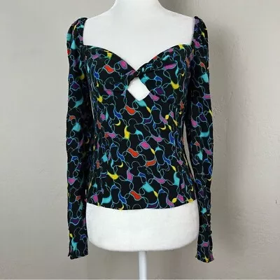 Staud Josephine Black Printed Multicolor Crepe Long Sleeve Sweetheart Top Size 2 • $59.99