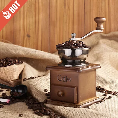 Coffee Bean Grinder Vintage Retro Manual Hand Crank Wooden Herb Burr Mill Spice • $37.02