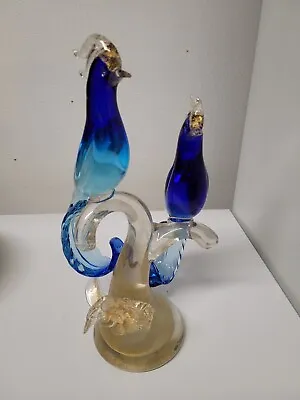 Large Murano Art Glass Figurine Of Birds In Blue Color And Gold Glass Tree  • $1495